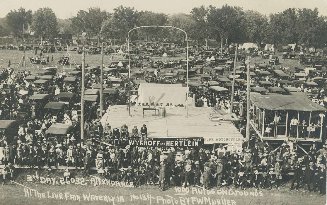 stage, fair, history of Iowa, cars, Fairs and Festivals, hats, Iowa, Iowa History, Meyer, Mary, Motorized Vehicles, advertisement