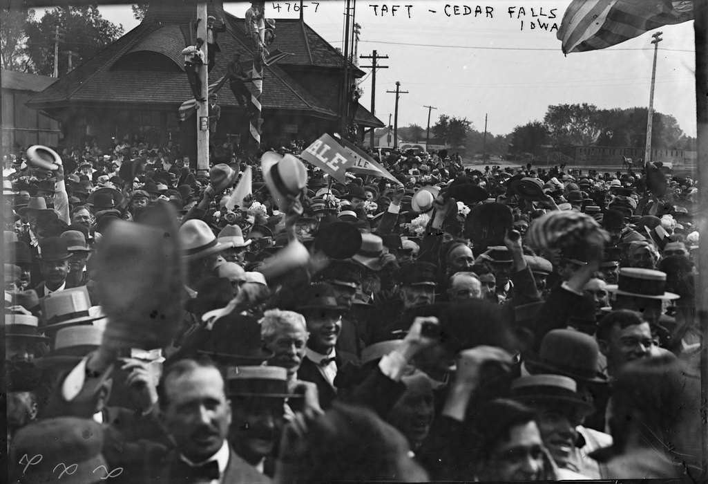 crowd, hat, president, Iowa History, political, Iowa, history of Iowa, Civic Engagement, campaign, politics, Library of Congress, Cities and Towns, william howard taft