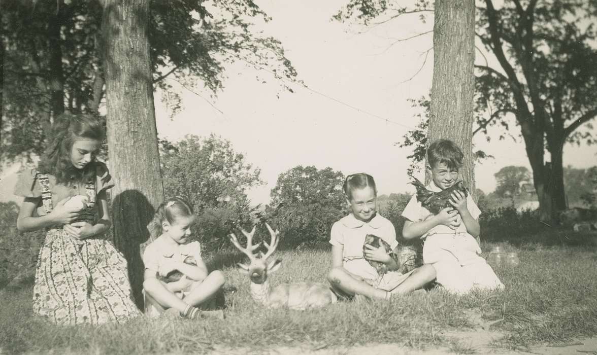 Children, Iowa History, chicken, Portraits - Group, Deitrick, Allene, trees, Animals, Iowa, history of Iowa, deer, USA