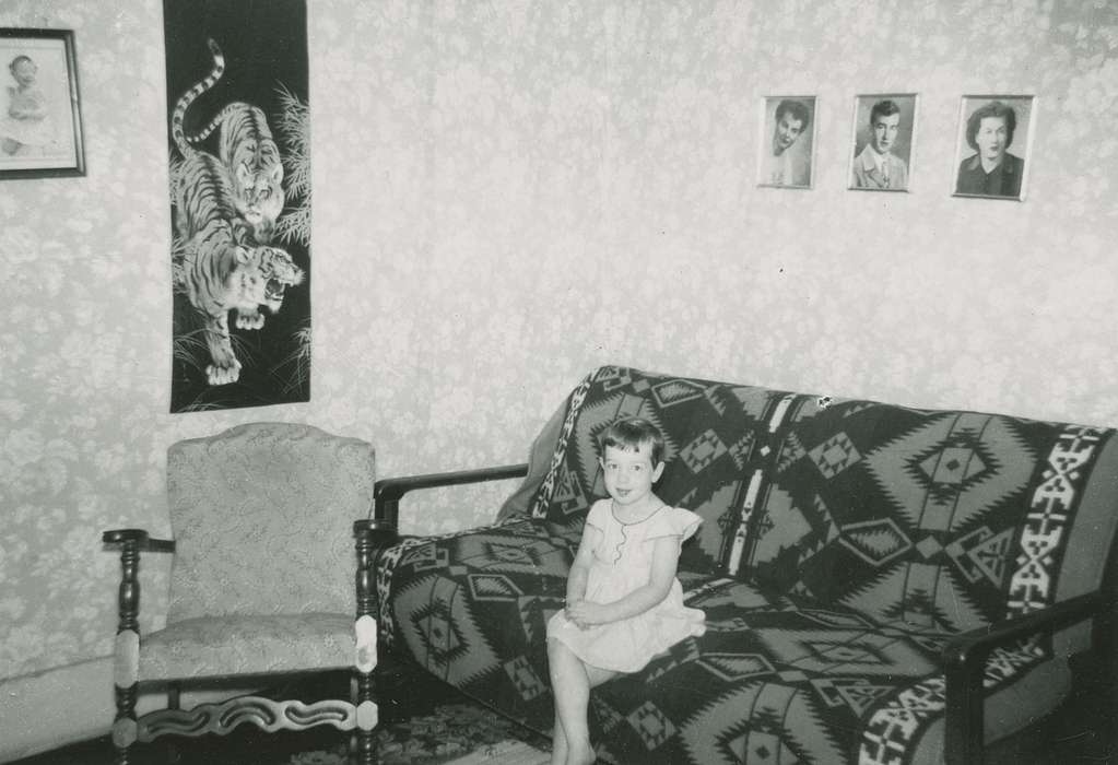 Children, couch, Iowa History, artwork, Portraits - Individual, Iowa, USA, chair, Homes, art, photograph, history of Iowa, Deitrick, Allene, tiger