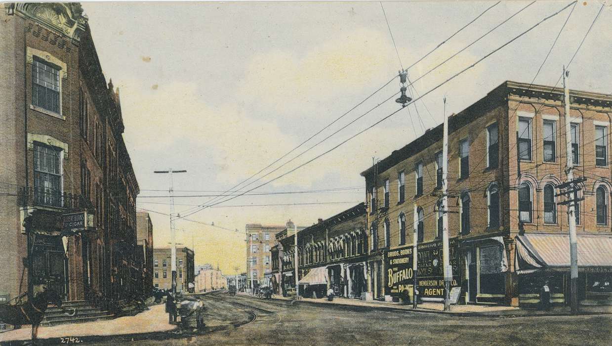 Businesses and Factories, street light, drug store, history, power line, Photos, horse, Animals, electrical pole, Iowa, Olsson, Ann and Jons, IA, Cities and Towns, brick building, United States, Waterloo, ia, Main Streets & Town Squares, historic, Black Hawk