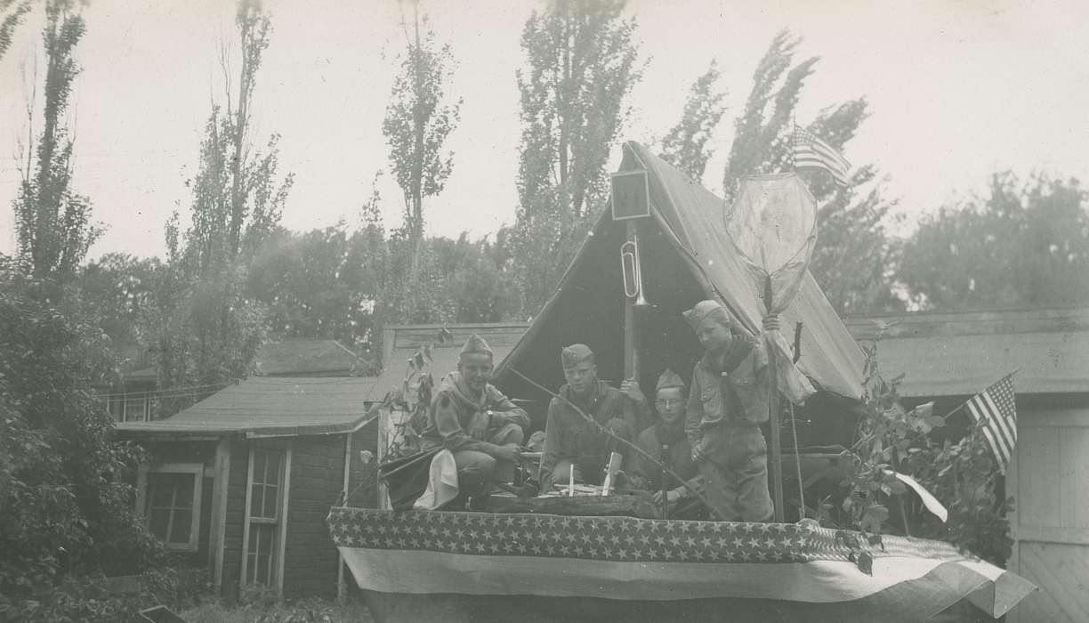 tent, parade, Webster City, IA, Iowa, Children, McMurray, Doug, Entertainment, Portraits - Group, Iowa History, flag, history of Iowa, butterfly net, boy scout, trumpet