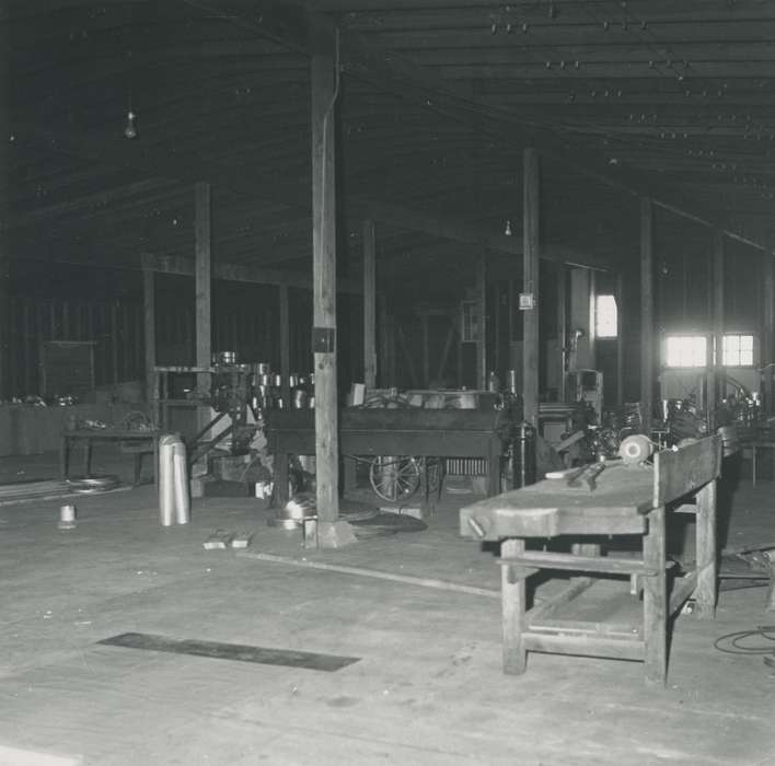 workbench, Businesses and Factories, correct date needed, Waverly Public Library, Iowa History, wagon wheel, Waverly, IA, Iowa, building interior, history of Iowa, bench grinder