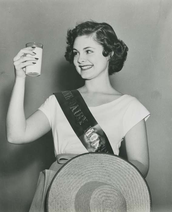 Photos, history, ia, historic, Iowa, glass of milk, milk, national cattle congress, cattle congress, glass, dairy princess, IA, Portraits - Individual, Black Hawk, Waterloo, Fairs and Festivals, Grout Museum of History and Science, United States