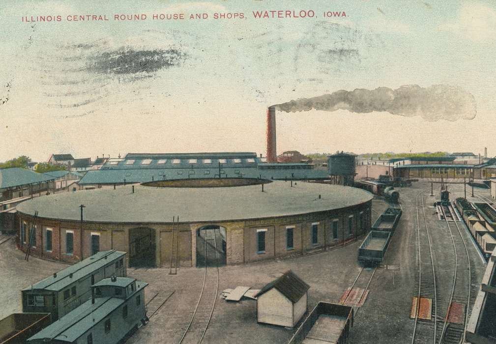 post card, station, Aerial Shots, Businesses and Factories, Black Hawk, historic, Train Stations, rail yard, United States, Photos, Iowa, train, Waterloo, roundhouse, train tracks, caboose, train yard, ia, smoke stack, Olsson, Ann, smokestack, history, Cities and Towns, IA, postcard
