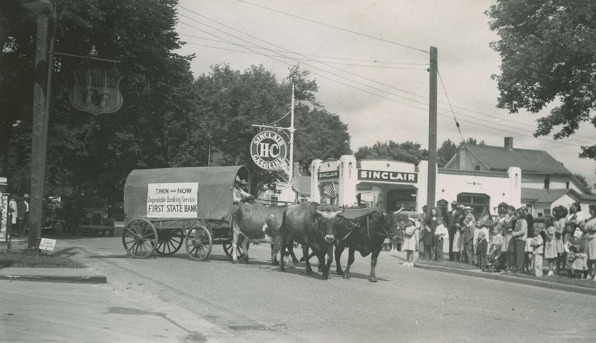 gas station, Iowa, parade, history of Iowa, Businesses and Factories, Webster City, IA, Cities and Towns, wagon, Entertainment, Iowa History, cattle, McMurray, Doug