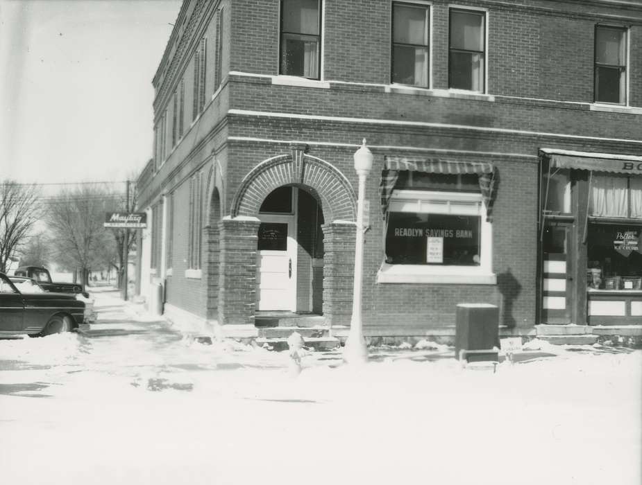 Cities and Towns, snow, Businesses and Factories, correct date needed, Waverly Public Library, bank, Iowa History, Winter, Iowa, history of Iowa, Main Streets & Town Squares, Readlyn, IA