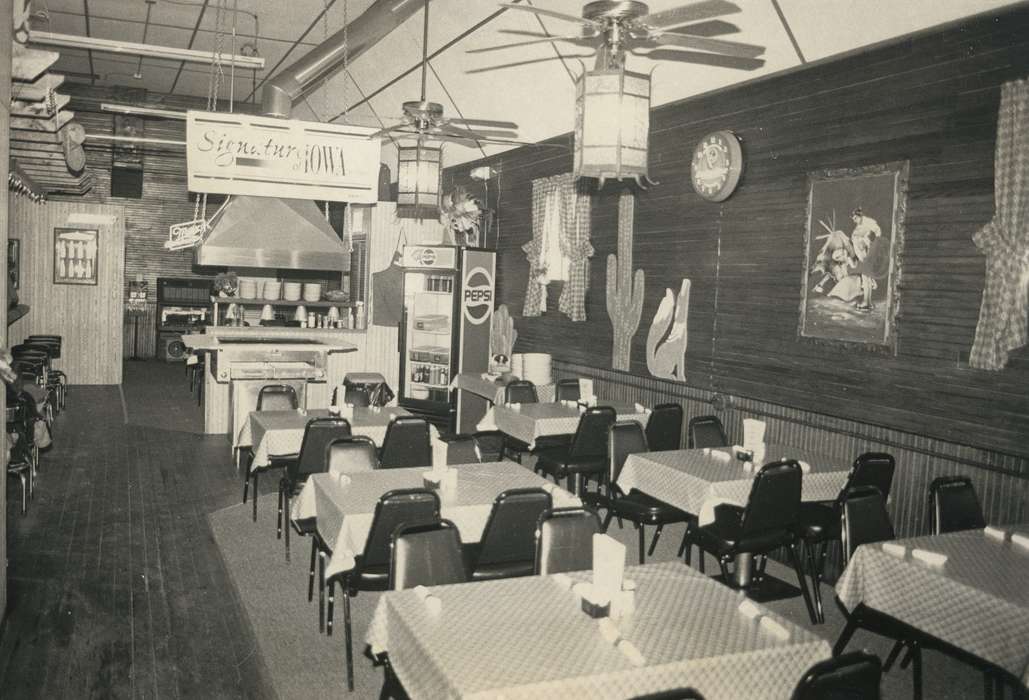restaurant, Businesses and Factories, tablecloth, Waverly Public Library, chairs, fridge, Iowa History, tables, Iowa, Food and Meals, history of Iowa, fans