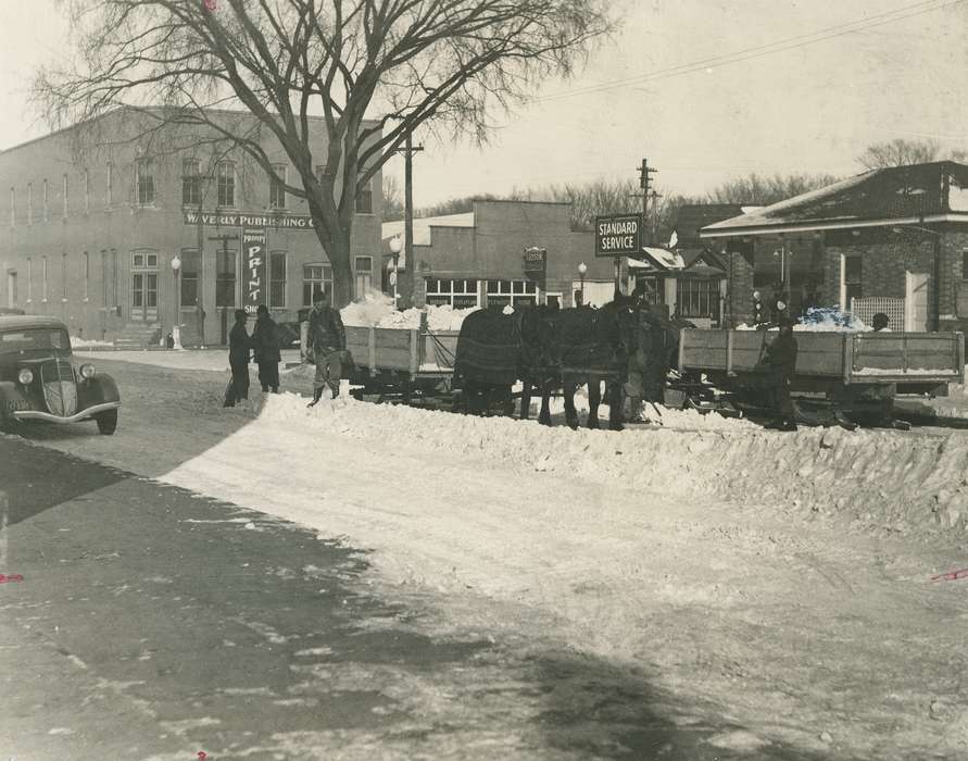 horse and cart, Businesses and Factories, working men, history of Iowa, Iowa, Labor and Occupations, Waverly Public Library, men, snow, snow removal, Waverly, IA, Iowa History, Winter, Cities and Towns, Main Streets & Town Squares, Animals