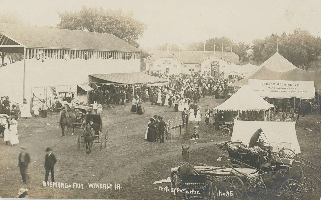 Fairs and Festivals, Iowa History, history of Iowa, advertisement, Animals, fair buildings, Meyer, Mary, tents, horse and buggy, Iowa