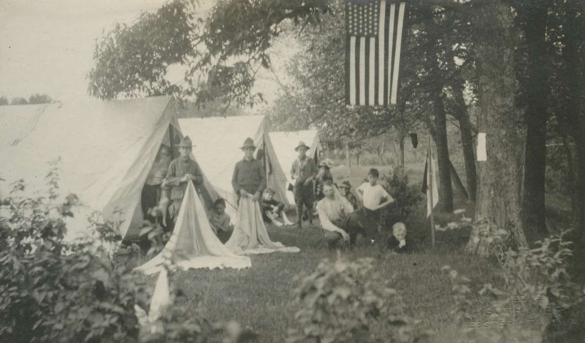 Outdoor Recreation, camping, Portraits - Group, tents, history of Iowa, McMurray, Doug, flags, Woodward, IA, Iowa History, Iowa, boy scouts