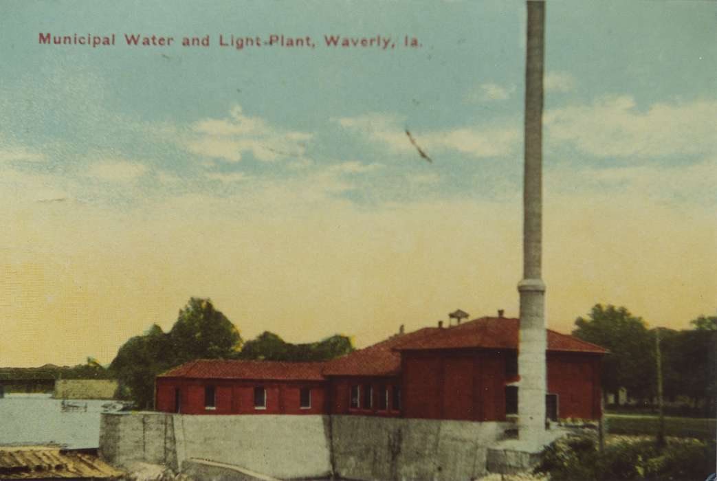 water works building, sunrise, dam, correct date needed, Waverly Public Library, Businesses and Factories, Waverly, IA, Iowa, Iowa History, smokestack, history of Iowa