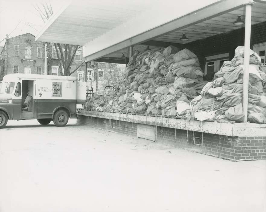 mail bag, brick building, mailbag, Businesses and Factories, correct date needed, post office, Waverly Public Library, Iowa History, mail truck, Iowa, Motorized Vehicles, history of Iowa