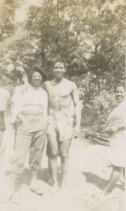 history of Iowa, People of Color, Henderson, Jesse, Iowa History, bathing suit, Black Hawk County, IA, Portraits - Group, Lakes, Rivers, and Streams, Iowa, swimming, swimsuit, Leisure, african american