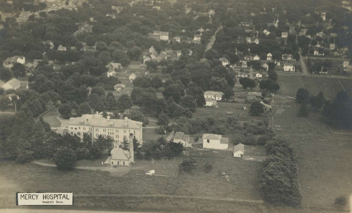 Iowa History, trees, field, Iowa, houses, mercy hospital, history of Iowa, Meyer, Mary, hospital, Hospitals, Aerial Shots