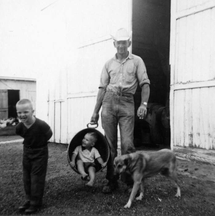 history of Iowa, bucket, Iowa, Children, Shaw, Marilyn, dog, Portraits - Group, Iowa History, farmer, hat, Edgewood, IA