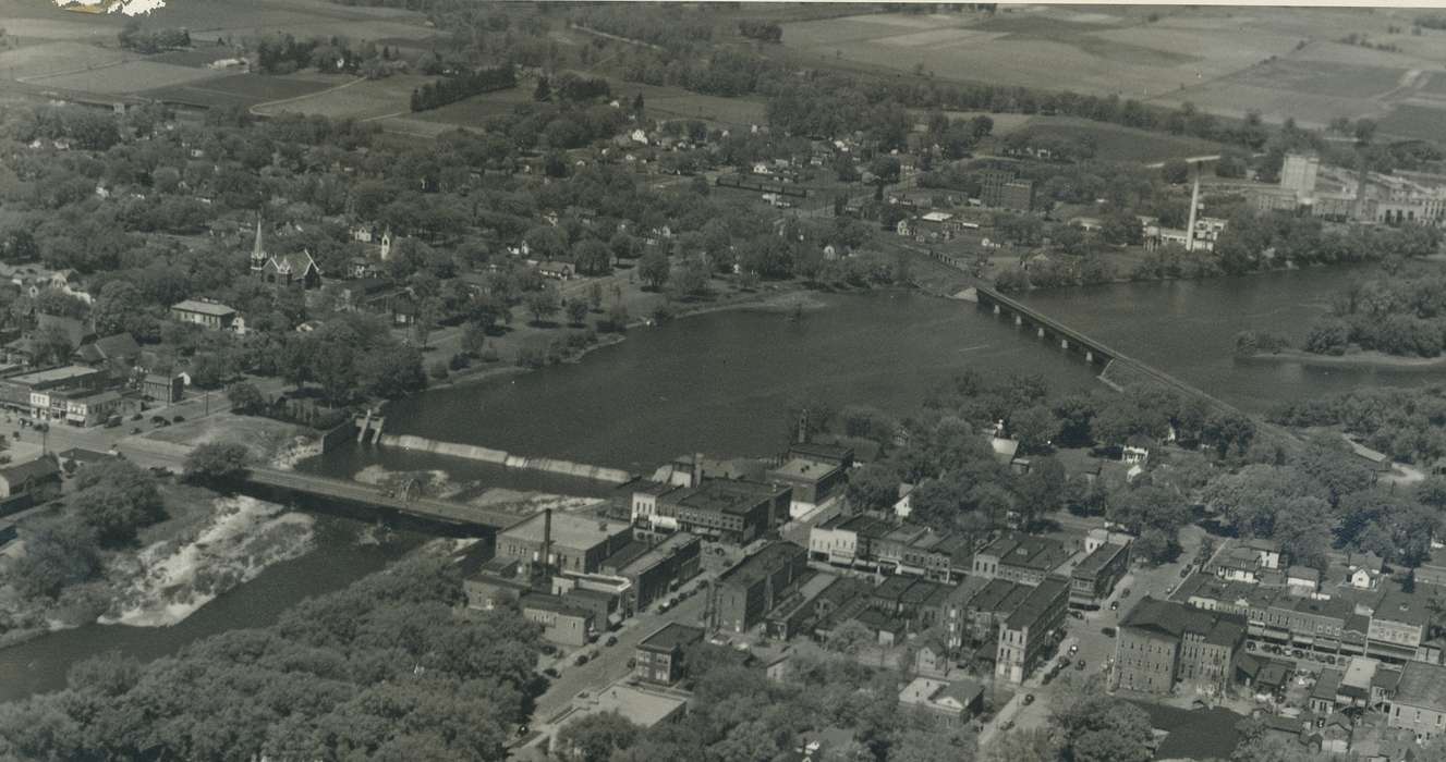 aerial, river, downtown, Aerial Shots, Iowa History, history of Iowa, Waverly Public Library, Waverly, IA, Cities and Towns, Iowa