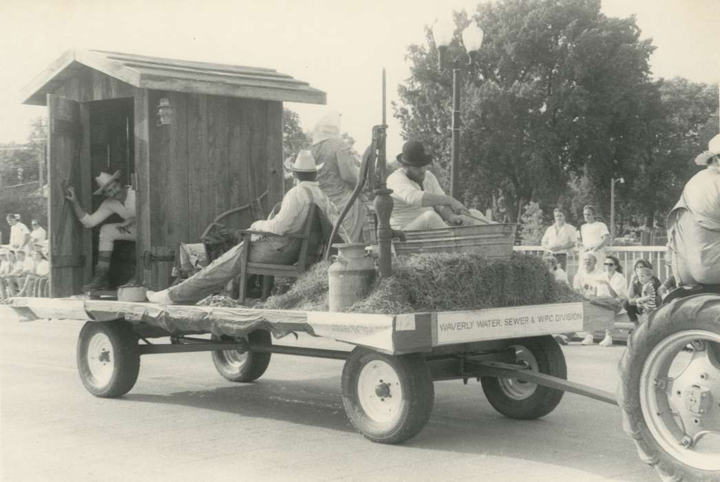 Entertainment, Fairs and Festivals, Waverly Public Library, Iowa History, parade float, outhouse, Civic Engagement, parade, Waverly, IA, Iowa, history of Iowa, hay bale