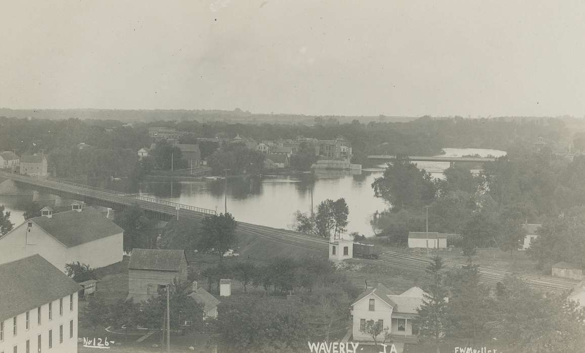 house, Lakes, Rivers, and Streams, river, Main Streets & Town Squares, Iowa, Iowa History, Waverly, IA, Cities and Towns, bridge, Waverly Public Library, Aerial Shots, history of Iowa