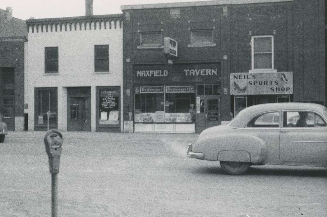 history of Iowa, Cities and Towns, Main Streets & Town Squares, car, tavern, Businesses and Factories, Waverly Public Library, Iowa History, Iowa, Motorized Vehicles, parking meter