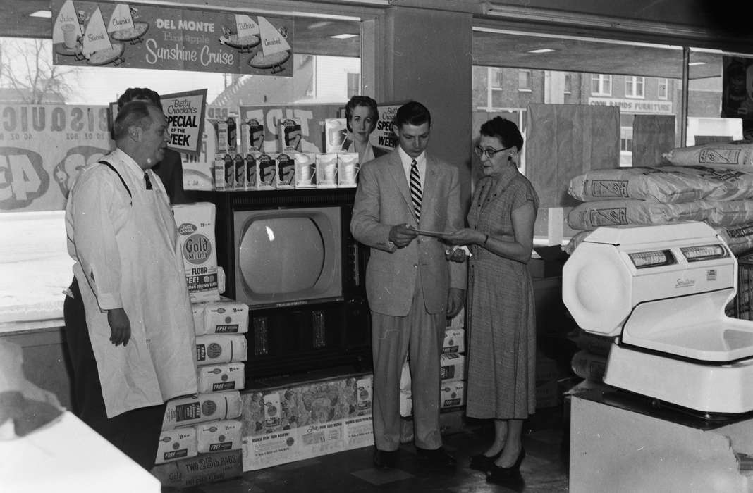 Portraits - Group, Businesses and Factories, employee, history, Photos, Labor and Occupations, suit, young man, Iowa, IA, Civic Engagement, flour, United States, television, ia, Coon Rapids Enterprise, historic, signage, Coon Rapids