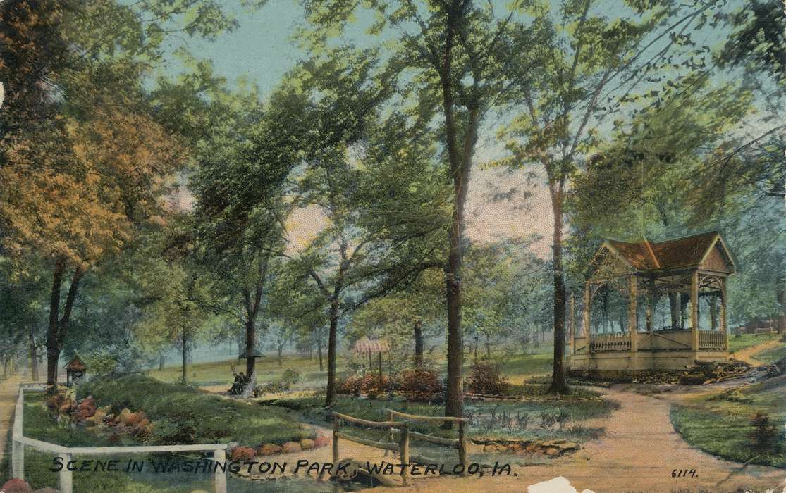 historic, Black Hawk, park, fence, bushes, stream, United States, Photos, Iowa, Waterloo, tree, path, Landscapes, gazebo, garden, Olsson, Ann, trees, ia, Lakes, Rivers, and Streams, history, IA