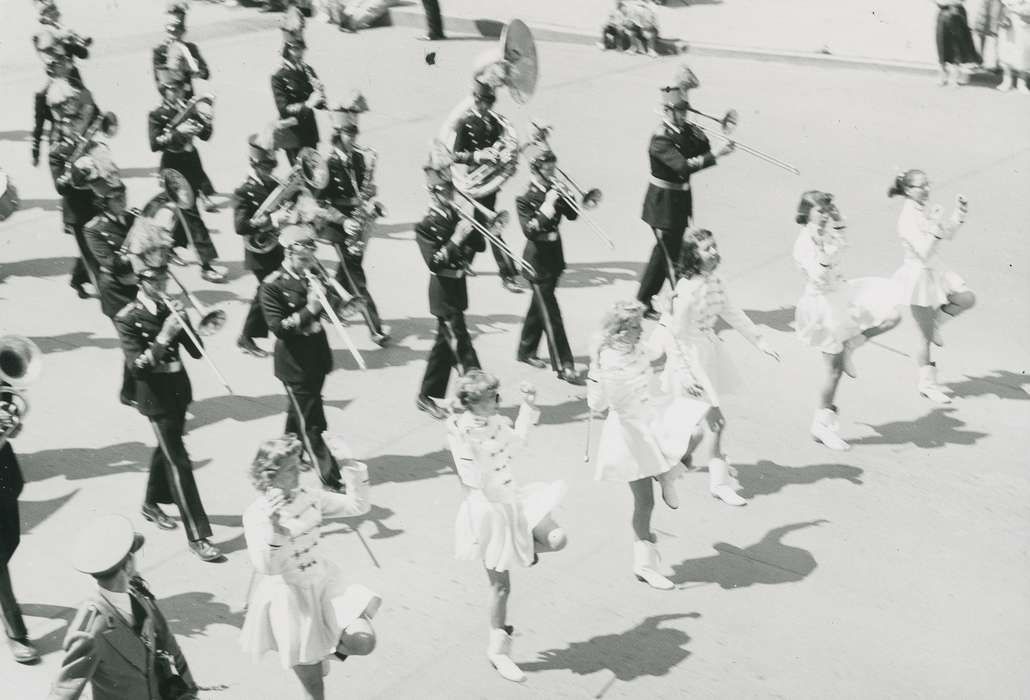 Aerial Shots, Iowa History, trombone, tuba, Cities and Towns, Iowa, Portraits - Group, marching band, Fairs and Festivals, men, women, dancing, Civic Engagement, history of Iowa, majorette, Waverly Public Library, Main Streets & Town Squares, Entertainment, Children