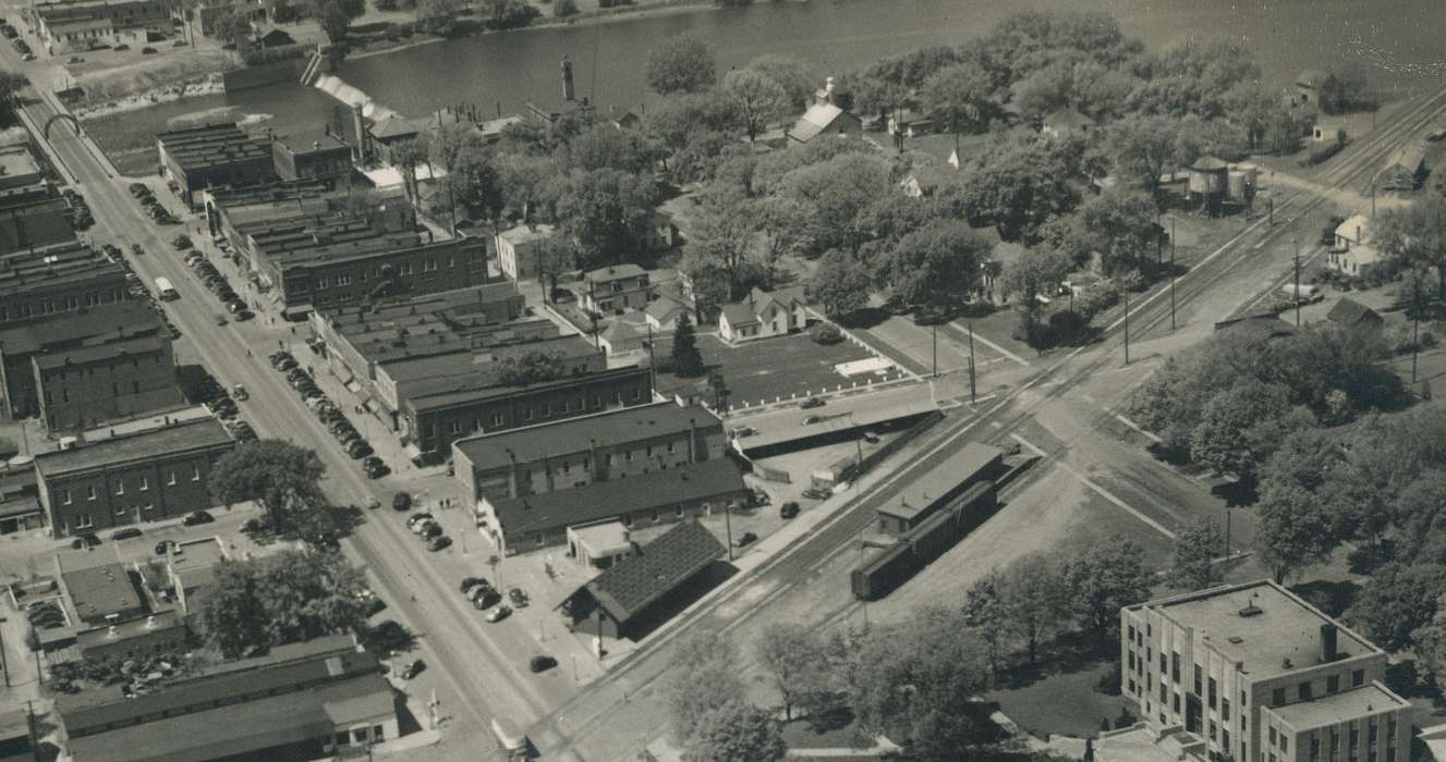 aerial, courthouse, river, Aerial Shots, Iowa History, history of Iowa, Waverly Public Library, Waverly, IA, Cities and Towns, Iowa, Businesses and Factories
