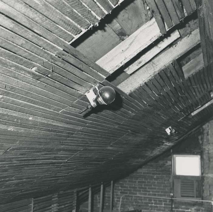 Homes, history of Iowa, Waverly Public Library, wood paneling, Iowa History, attic, Iowa, Waverly, IA, lightbulb, brick wall