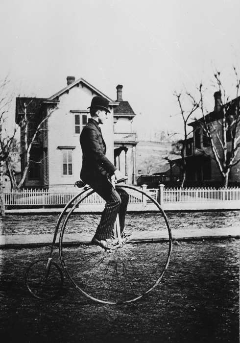 bike, fence, bowler hat, victorian, Lemberger, LeAnn, Outdoor Recreation, house, Iowa, history of Iowa, Iowa History, bicycle, Leisure, Ottumwa, IA, penny-farthing