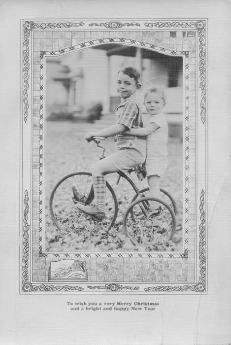holiday card, Potter, Ann, card, Outdoor Recreation, Fort Dodge, IA, tricycle, Portraits - Group, Iowa, Iowa History, history of Iowa, Children