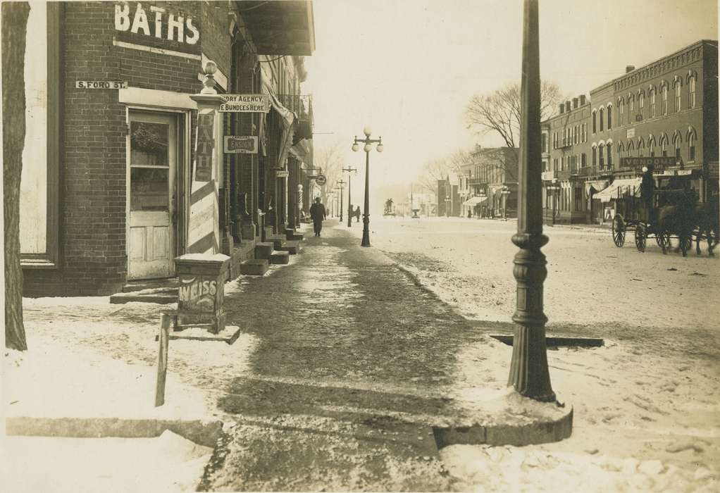 Cities and Towns, sidewalk, barber, Anamosa, IA, Businesses and Factories, Animals, store front, Hatcher, Cecilia, wagon, Iowa History, Winter, Iowa, history of Iowa, Main Streets & Town Squares, horse