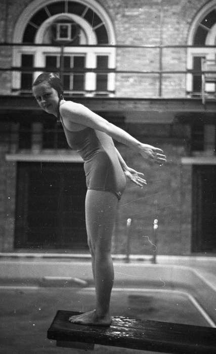 history of Iowa, swimming suit, Schools and Education, UNI Special Collections & University Archives, diving board, Cedar Falls, IA, Portraits - Individual, Iowa History, Iowa, swimming cap, iowa state teachers college, uni, university of northern iowa, swimming pool