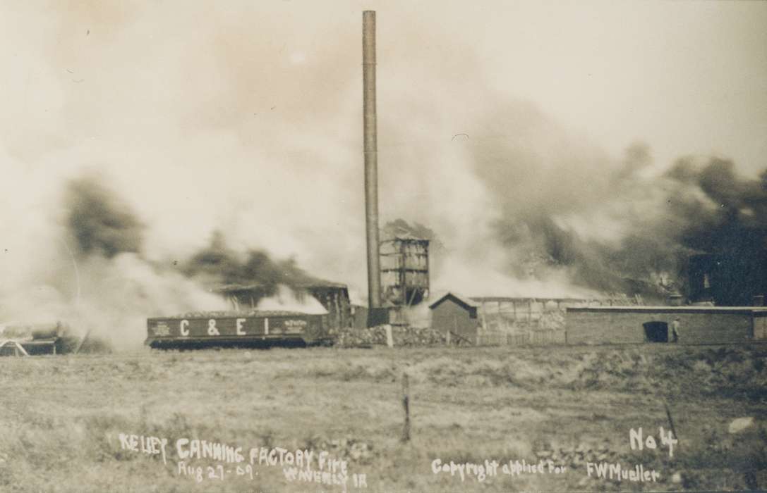 smoke, factory, Businesses and Factories, Waverly Public Library, Wrecks, Iowa History, Iowa, Waverly, IA, fire, history of Iowa