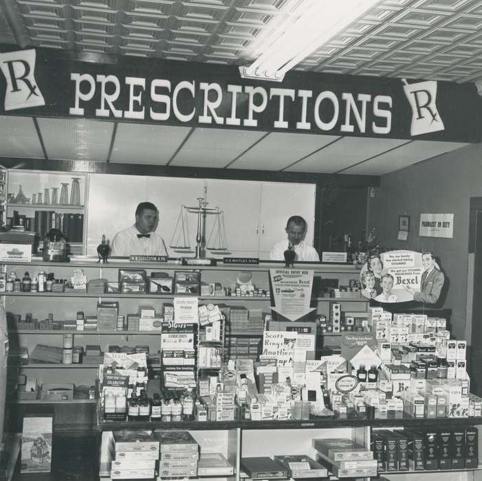 Waverly Public Library, history of Iowa, Iowa, Iowa History, pharmacy, working men, Waverly, IA, drug store, Businesses and Factories, medicine, drugstore