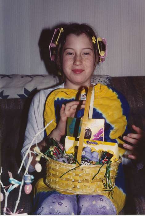 candy, peeps, curlers, Nulty, Tom and Carol, Newhall, IA, tie-dye, Portraits - Individual, Iowa History, hair rollers, Iowa, Holidays, easter basket, history of Iowa, easter, hair curlers
