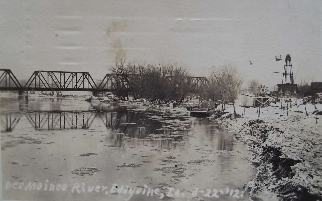 mill, Eddyville, IA, Winter, Lakes, Rivers, and Streams, Lemberger, LeAnn, bridge, Iowa History, river, snow, Iowa, history of Iowa