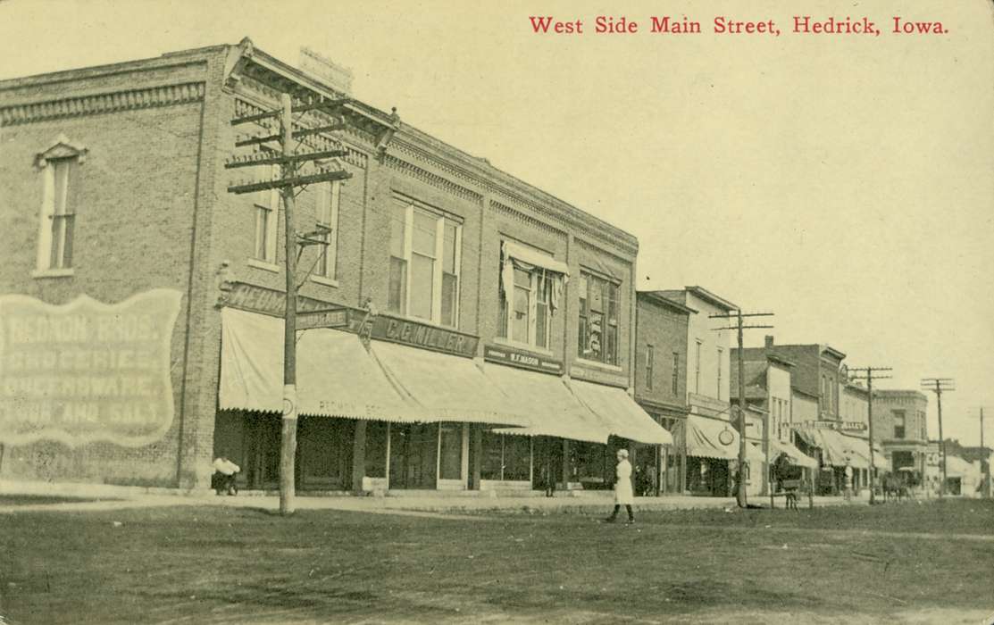 history of Iowa, Cities and Towns, storefront, Businesses and Factories, veranda, clock, Iowa History, telephone pole, Iowa, mainstreet, Hedrick, IA, Main Streets & Town Squares, Lemberger, LeAnn