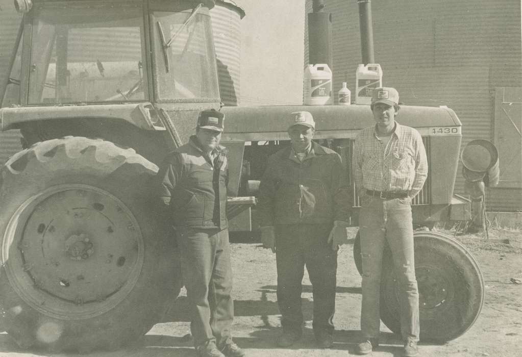 Meyers, Peggy, Motorized Vehicles, Farming Equipment, history of Iowa, Iowa, Iowa History, Portraits - Group, jug, baseball cap, tractor, Farms, West Liberty, IA