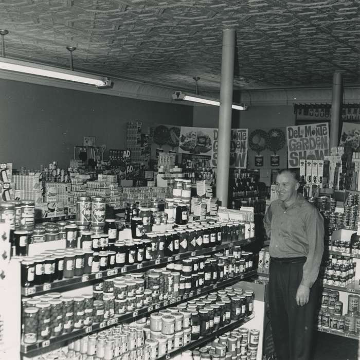 history of Iowa, Food and Meals, man, general store, Iowa History, Businesses and Factories, Artesian, IA, Iowa, Waverly Public Library, building interior, Labor and Occupations