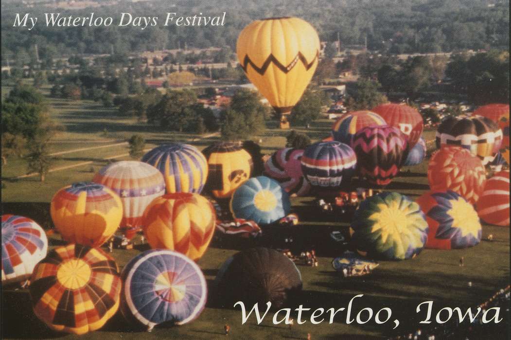 hot air balloon, Iowa, Iowa History, Entertainment, postcard, Aerial Shots, history of Iowa, Shaulis, Gary, Fairs and Festivals