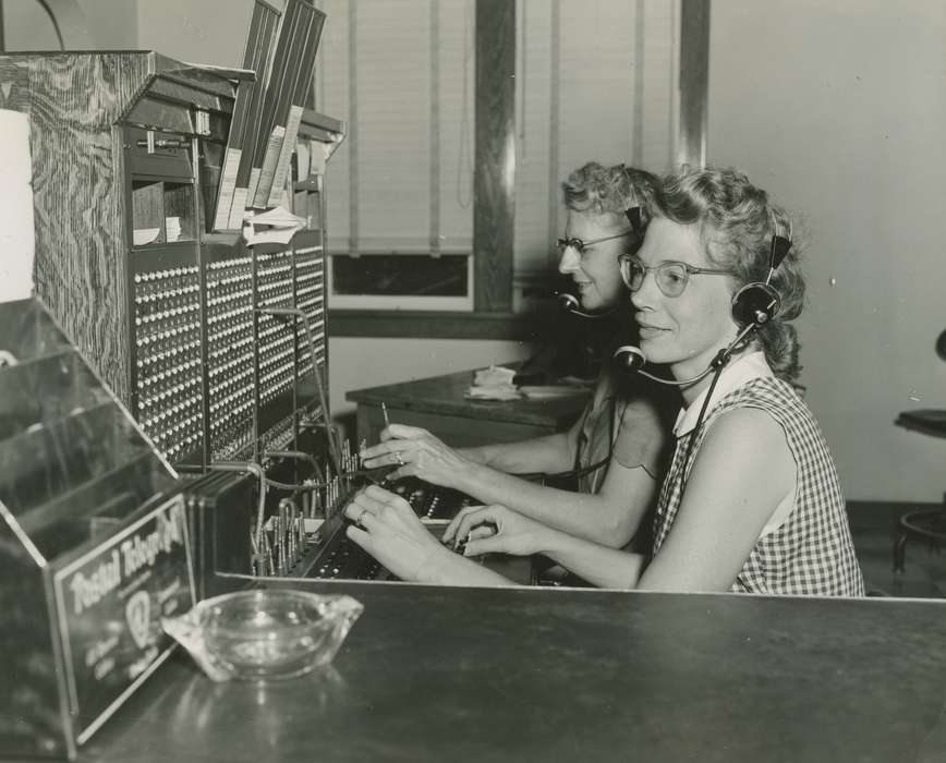 telegraph, glasses, Labor and Occupations, correct date needed, Businesses and Factories, Cities and Towns, Portraits - Group, ashtray, Coon Rapids Enterprise, headphones