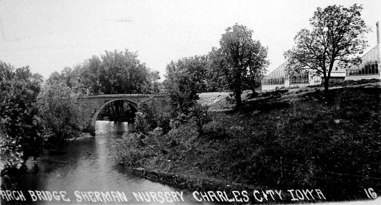 Unnamed contributor, Businesses and Factories, bridge, Lakes, Rivers, and Streams, United States, history, ia, Photos, greenhouse, river, stone arch bridge, historic, Iowa, IA, nursery, Charles City, Floyd