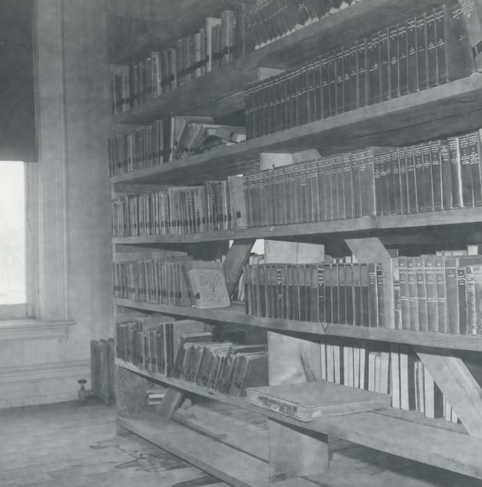 Schools and Education, Iowa, books, Waverly Public Library, bookshelf, history of Iowa, correct date needed, Iowa History