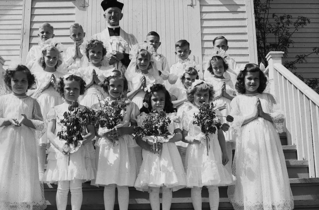 Portraits - Group, priest, history, first communion, Photos, flowers, Children, Religion, Iowa, IA, catholic church, formal attire, Religious Structures, United States, ia, Coon Rapids Enterprise, historic, Coon Rapids