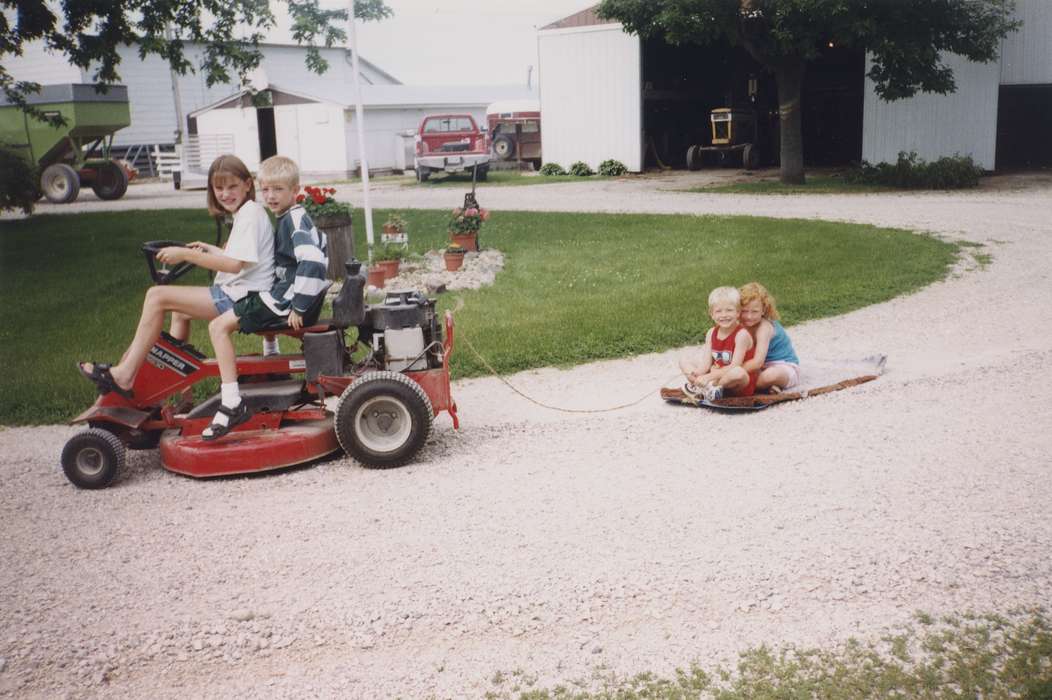 lawn mower, Farming Equipment, Farms, Children, Iowa History, Leisure, truck, Portraits - Group, Families, snapper, Aden, Marilyn, Palmer, IA, Iowa, history of Iowa