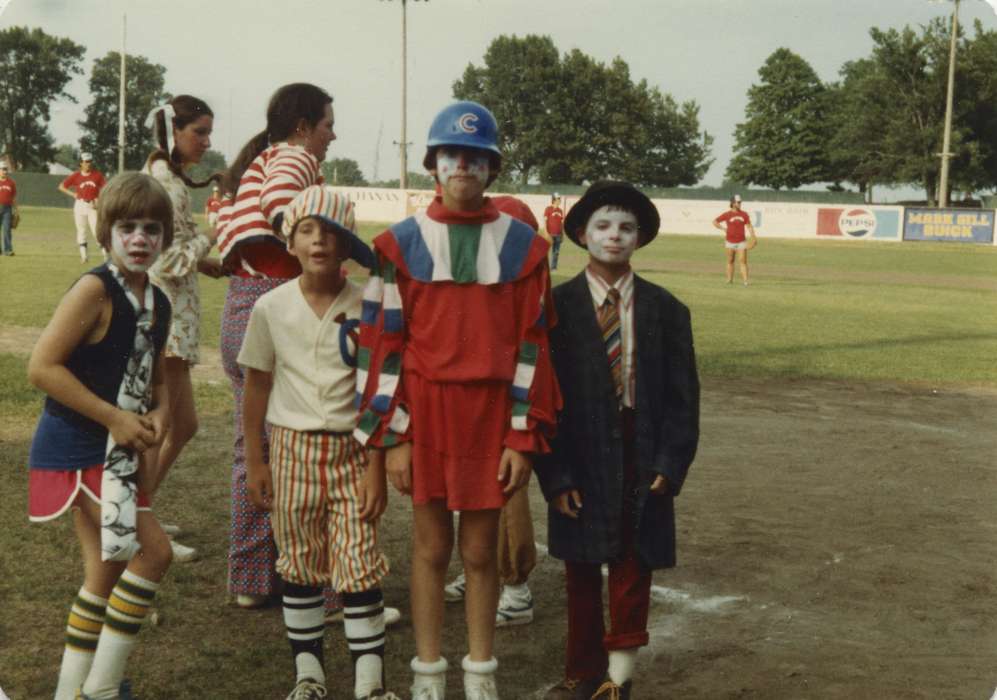clowns, history of Iowa, Leisure, children, Children, costume, baseball field, Portraits - Group, Iowa, Iowa History, Olsson, Ann and Jons, Waterloo, IA, Sports