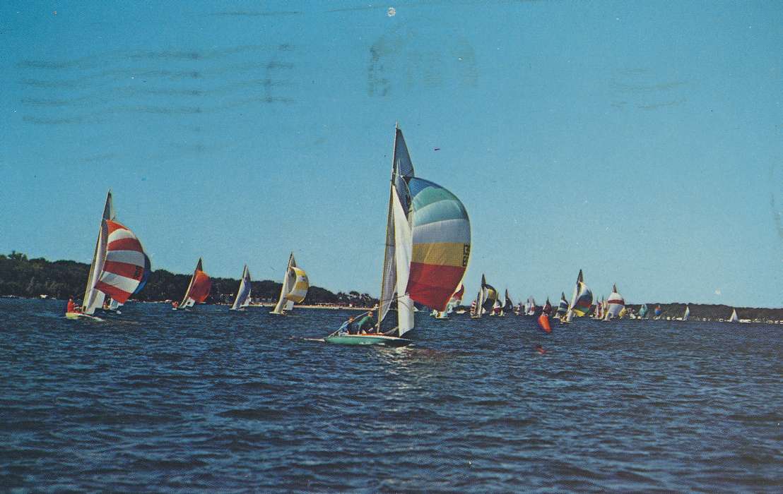 sailboat, Lakes, Rivers, and Streams, Iowa History, postcard, Shaulis, Gary, boat, Iowa, history of Iowa, Outdoor Recreation