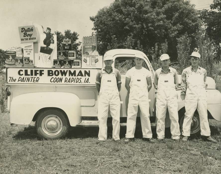 advertisement, overalls, Labor and Occupations, Businesses and Factories, Cities and Towns, Portraits - Group, Motorized Vehicles, uniform, truck, Coon Rapids Enterprise