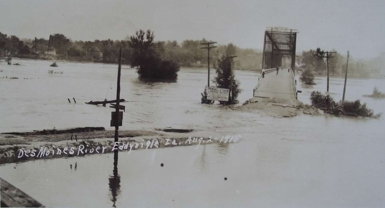 sign, Floods, bridge, Iowa History, telephone pole, Iowa, history of Iowa, Lemberger, LeAnn, Eddyville, IA